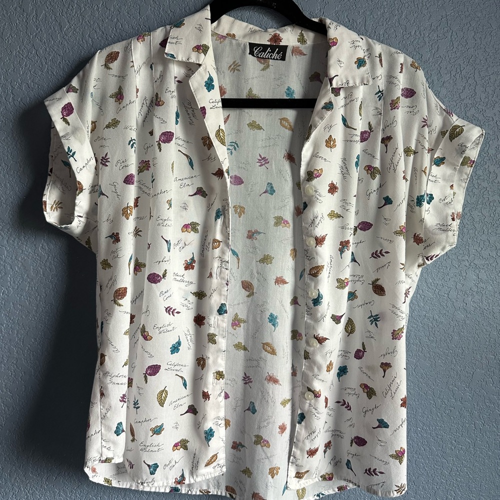 Vintage Caliche Collection Botanical print white button down -1980-1990s medium